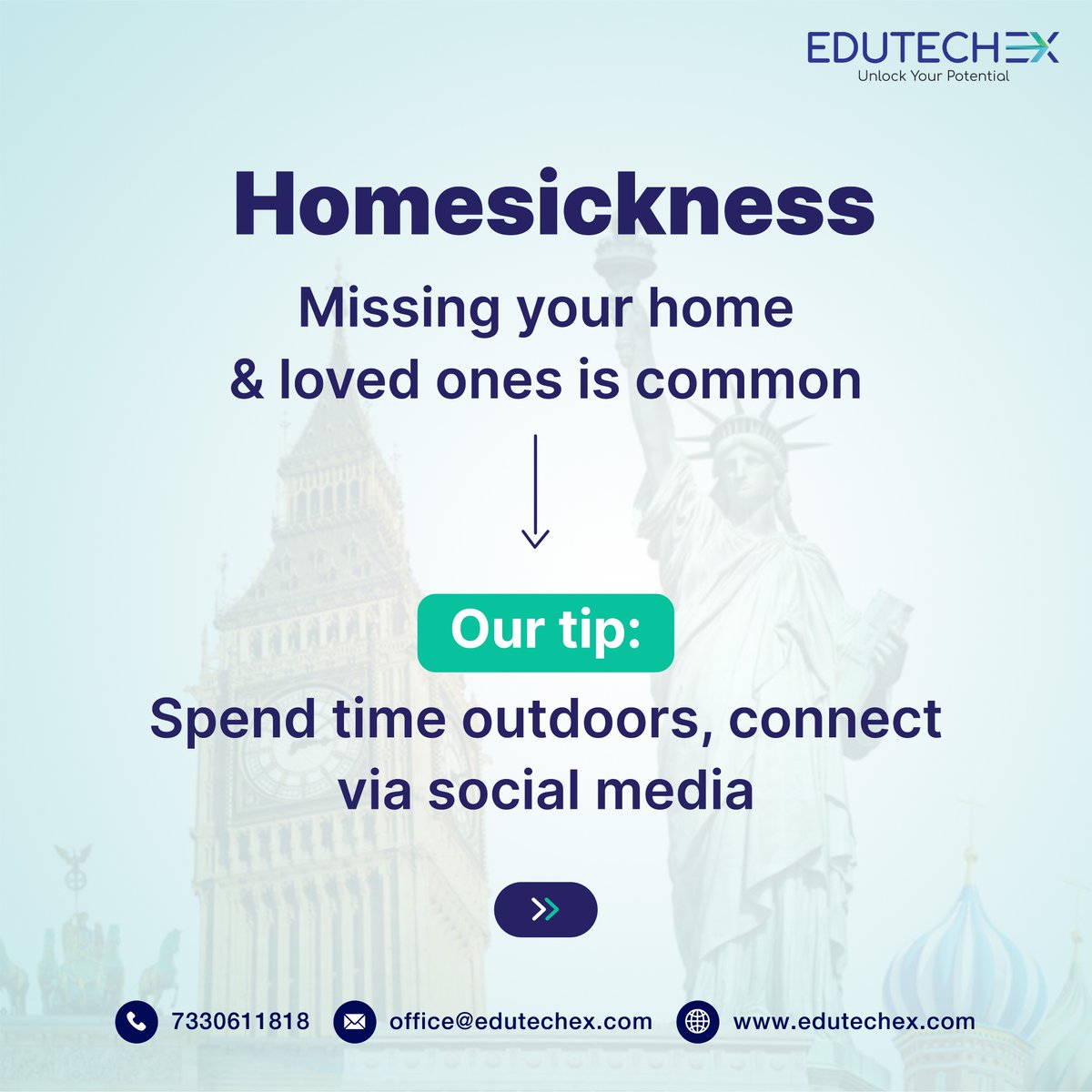 EduTechEx1's tweet image. Culture shock, isolation &amp;amp; social anxiety. Fears associated with studying abroad are endless, nevertheless natural.

Fortunately, there are many ways to tackle them. Here are our solutions

Visit edutechex.com to know more

#EdutechExGlobal #EdutechEx #StudyAbroad