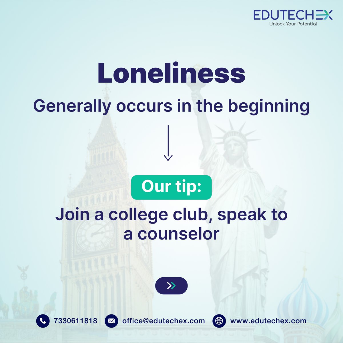 EduTechEx1's tweet image. Culture shock, isolation &amp;amp; social anxiety. Fears associated with studying abroad are endless, nevertheless natural.

Fortunately, there are many ways to tackle them. Here are our solutions

Visit edutechex.com to know more

#EdutechExGlobal #EdutechEx #StudyAbroad