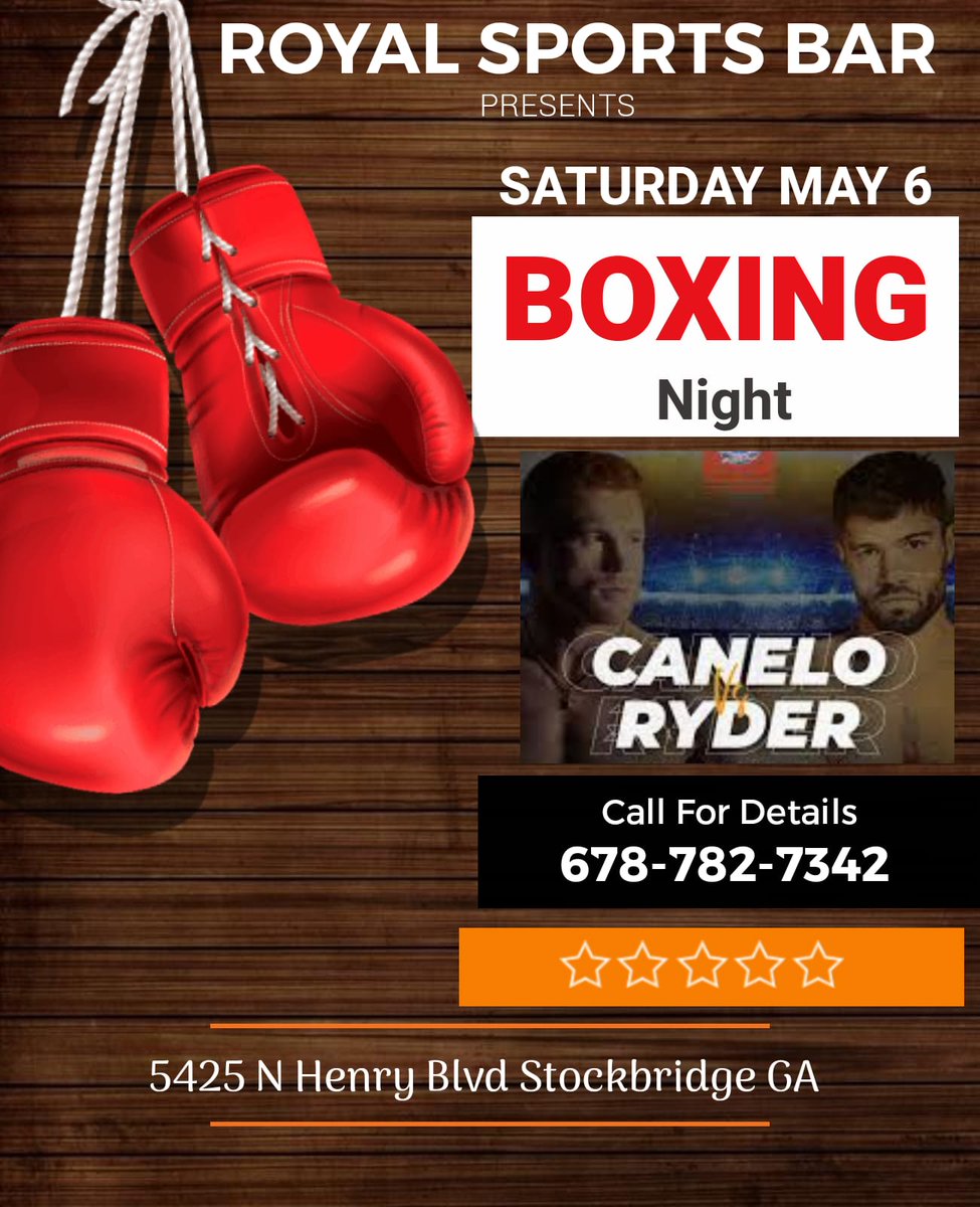 RoyalSportsBar_'s tweet photo. Canelo VS Ryder
this Saturday here at ROYAL SPORTS BAR
Free Admission | Free Parking | Free pool tables
📍5425 N Henry Blvd Stockbridge

#LatinFood #Delicious #royalsportsbarga #stockbridgega #henrycountyga, #dancing, #latinmusic, #sports #livemusic #thebridge #latinmusic, #latin https://t.co/6yvYkGu9Av