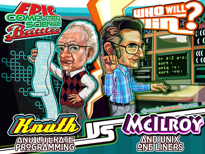 4amCode's tweet photo. Donald Knuth vs. Douglas McIlroy. Who will win? #knuth #donaldknuth #donknuth #mcilroy #douglasmcilroy #dougmcilroy #unix #shell #oneliners #programming #literateprogramming #dev #developer #developers #web https://t.co/8hWrQZvxk2