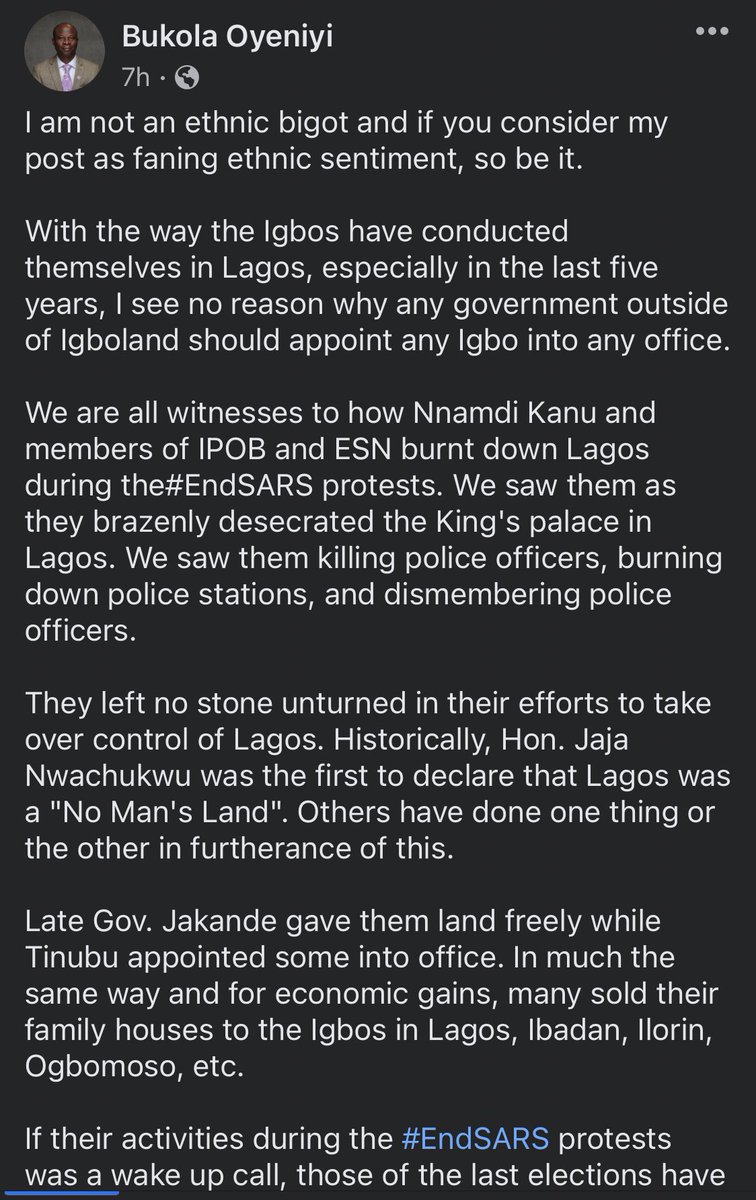 AfamDeluxo's tweet photo. Someone directed my attention to Dr. Bukola Oyeniyi's post on Facebook about Ndiigbo &amp; the 2023 Presidential elections.  

Dr. Oyeniyi @OyeniyiBukolaA2 is an associate Prof in the history department at Missouri State University @MissouriState. Read his bigoted lies below. https://t.co/Tib6gJJdql