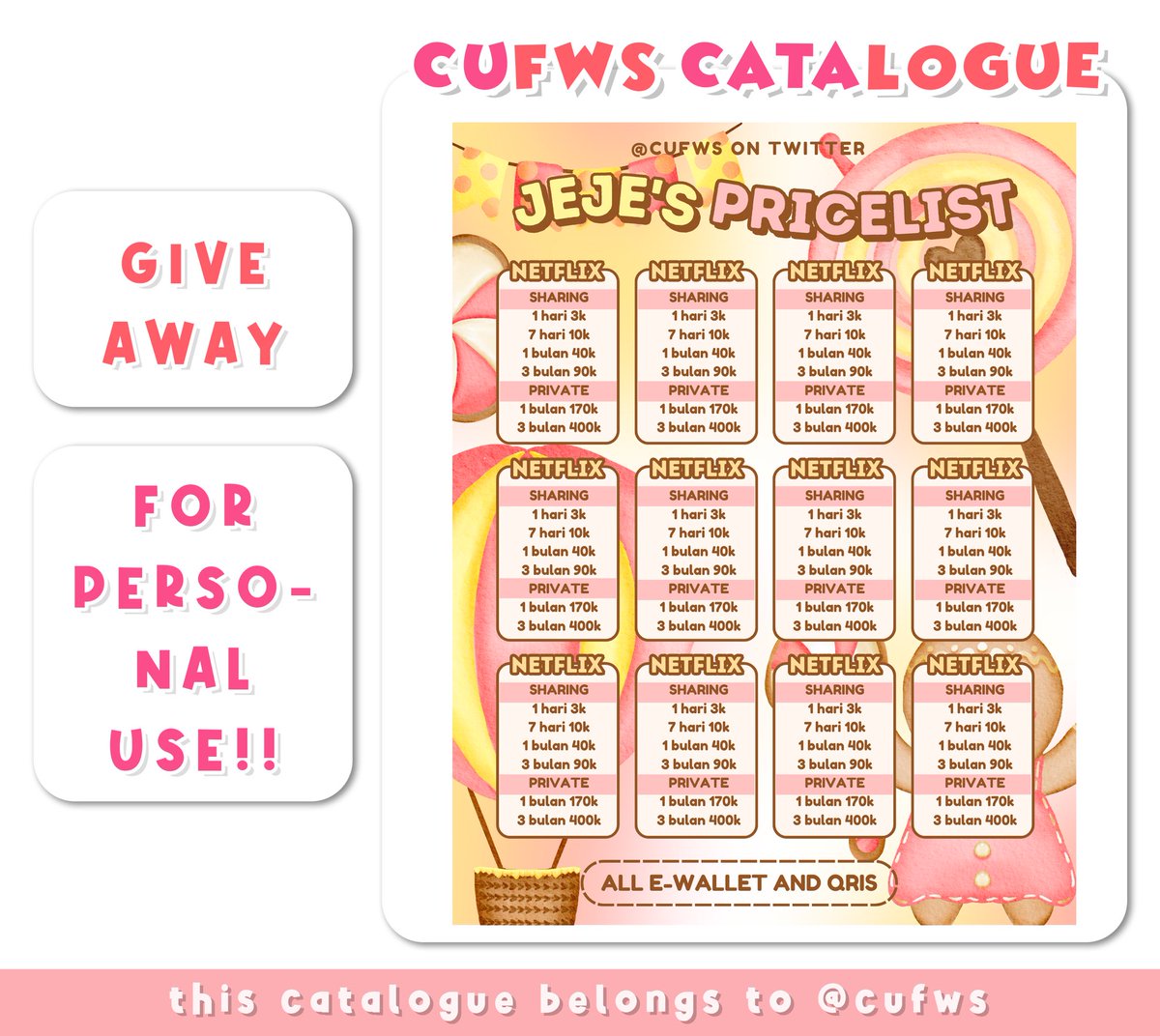 Giveaway Template Pricelist 🙀‼️

Haloo !! nii yg butuh edit pl, aku mau giveaway template pricelist (dlm link canva) di bawah ini

Rules:
• Follow <a href="/cufws/">jeje ☾ edit pl</a> 
• Rt tweet ini

ikut yuk? #zonauang
