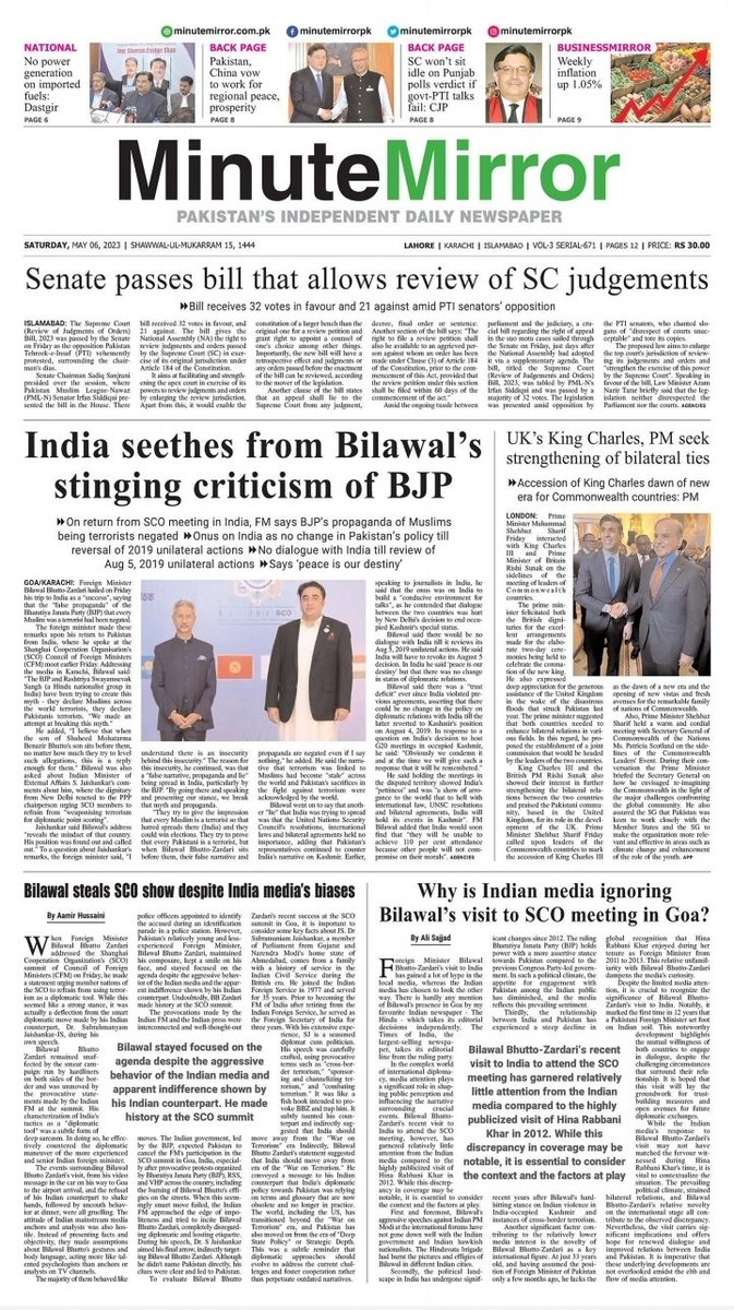 Daily Minute Mirror @MinuteMirrorpk
#SCOMeeting2023 Onus on #India as no change in Pak’s policy till reversal of 2019 unilateral actions, #Peace is our destiny #BilawalBhutto   Why #indian media ignored #Bilawal visit to #SCOMeeting @MoIB_Official @ForeignOfficePk @BBhuttoZardari