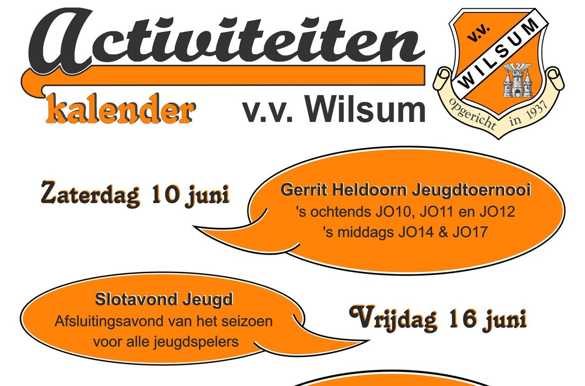 Activiteitenkalender Juni v.v. Wilsum: Aan het einde van het seizoen worden weer geweldige activiteiten georganiseerd voor jong en oud. Sportiviteit en gezelligheid worden gecombineerd, dus doe mee of kom gezellig kijken! dlvr.it/SncMT9