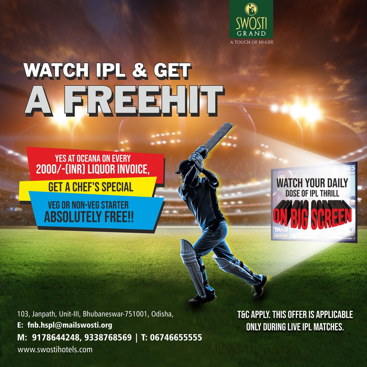swostihotels's tweet photo. Enjoy good food, drinks, and cricket. Head to Oceana, Swosti Grand & enjoy a veg & non-veg starter for free with a liquor bill of over 2000!
And while you're here, catch all the live #TATAIPL2023 action on our big screen.
#FreeStarters #DrinksAndCricket #OceanaSwostiGrand https://t.co/ngurgBerlv