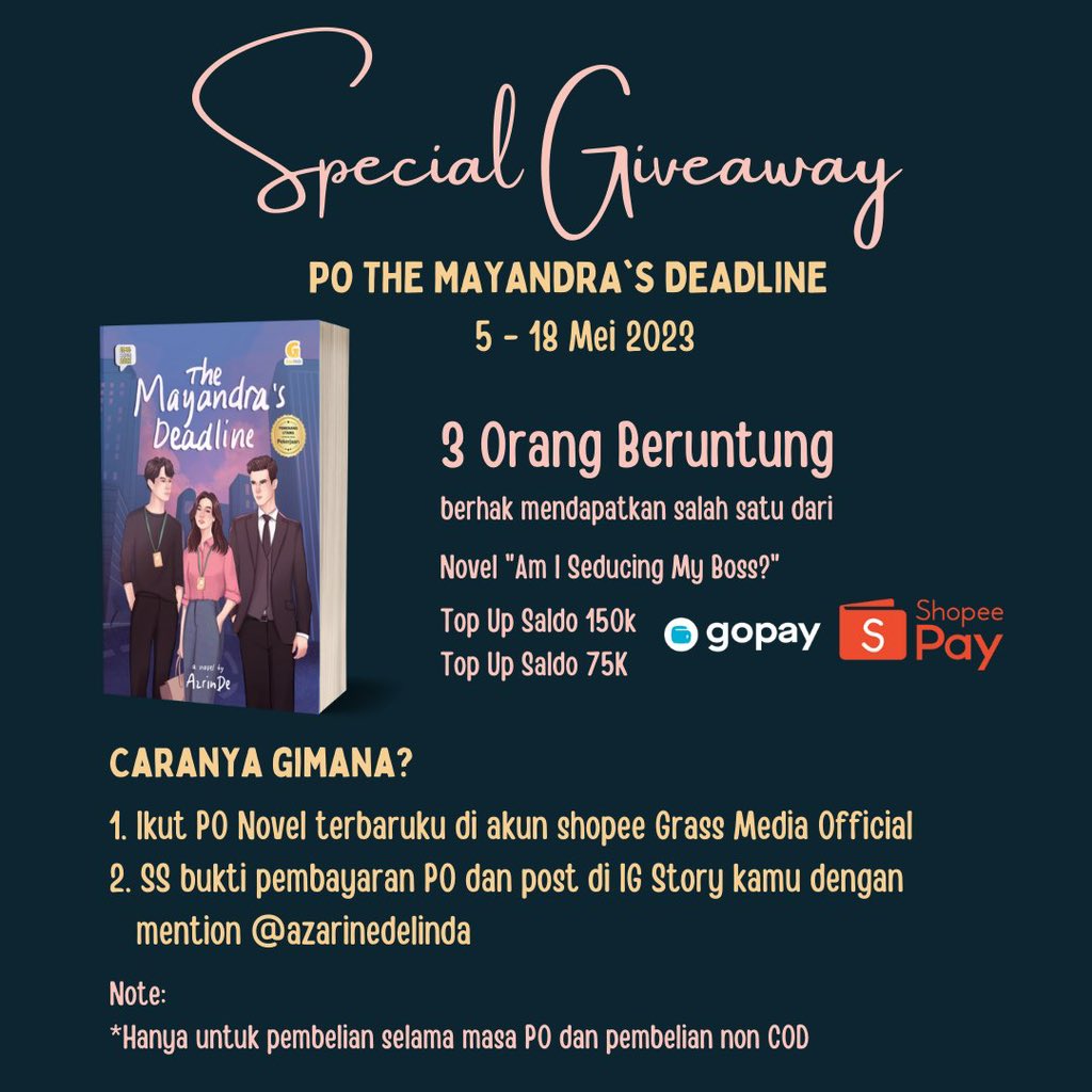 wattpadmenfess_'s tweet photo. Paid Promote

Pecinta cerita Office Romance yang lagi dikejar target kantor sama target nikah WAJIB IKUTAN PO Novel ini.  Serunya, ada GIVE AWAY GRATIS NOVEL &amp; TOP UP SALDO utk yg beruntung! Cek syarat di foto selanjutnya. POnya START HARI INI - 18 MAY 2023 yak! Jangan kelewatan! https://t.co/uuKGoAUbKV