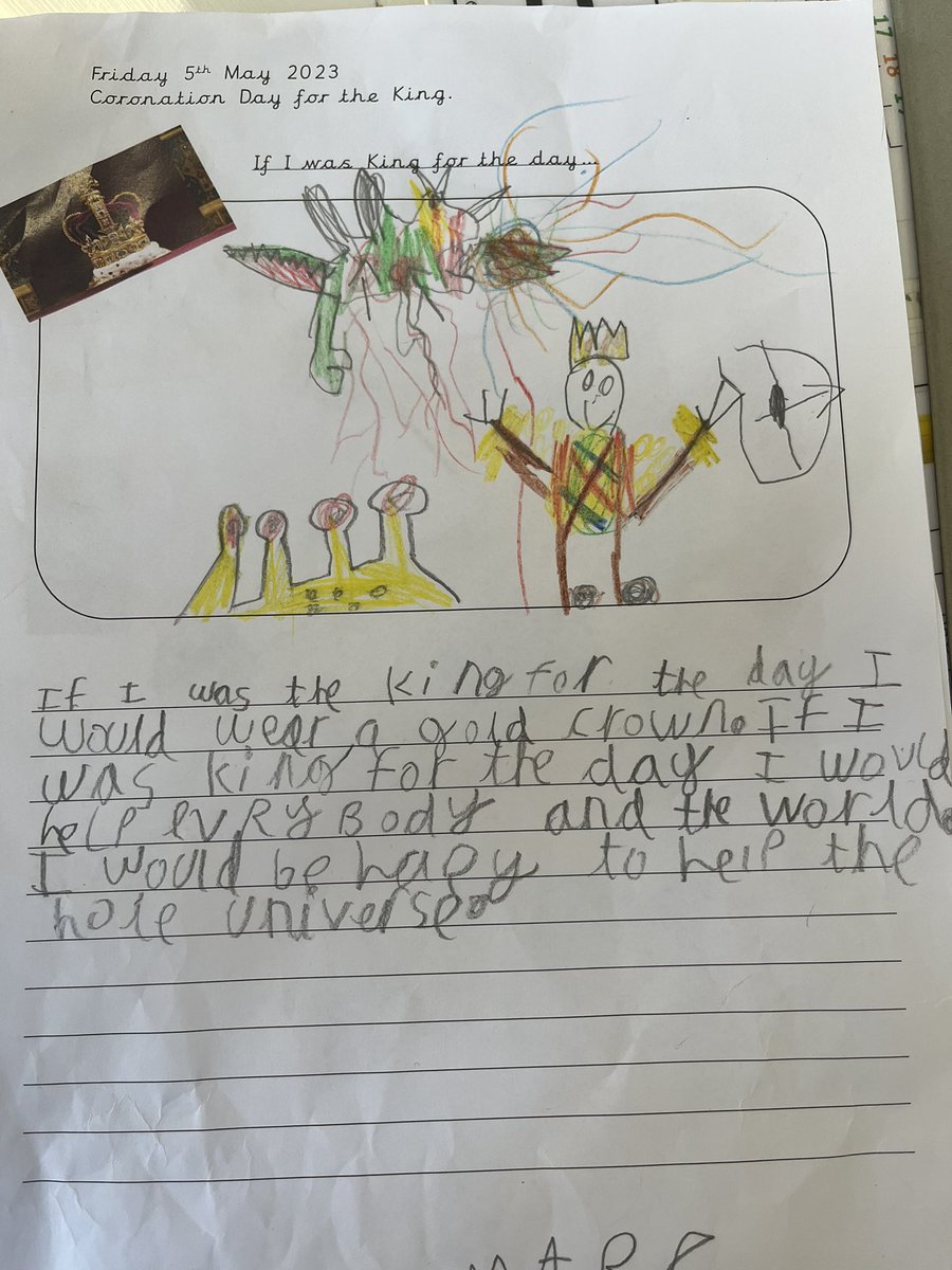 Class3_stmarys's tweet photo. Class 3 have loved their day celebrating the coronation of King Charles III. We wrote our manifestos about ‘If I were King for the day’ and read them to the rest of the class. We then put our art skills to the test by drawing, painting and creating different pictures. https://t.co/8pbyEJcacL