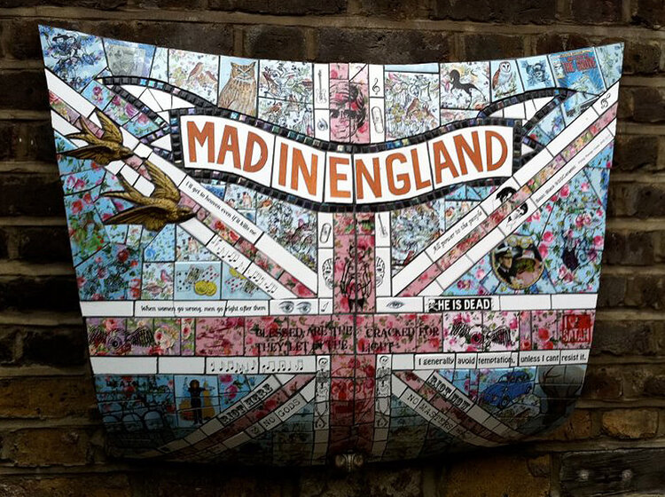 womensart1's tweet photo. 'Mad in England....' mosaic by Carrie Reichardt, UK artist and figurehead for the Craftivism movement #WomensArt https://t.co/ulLH2FXAFK