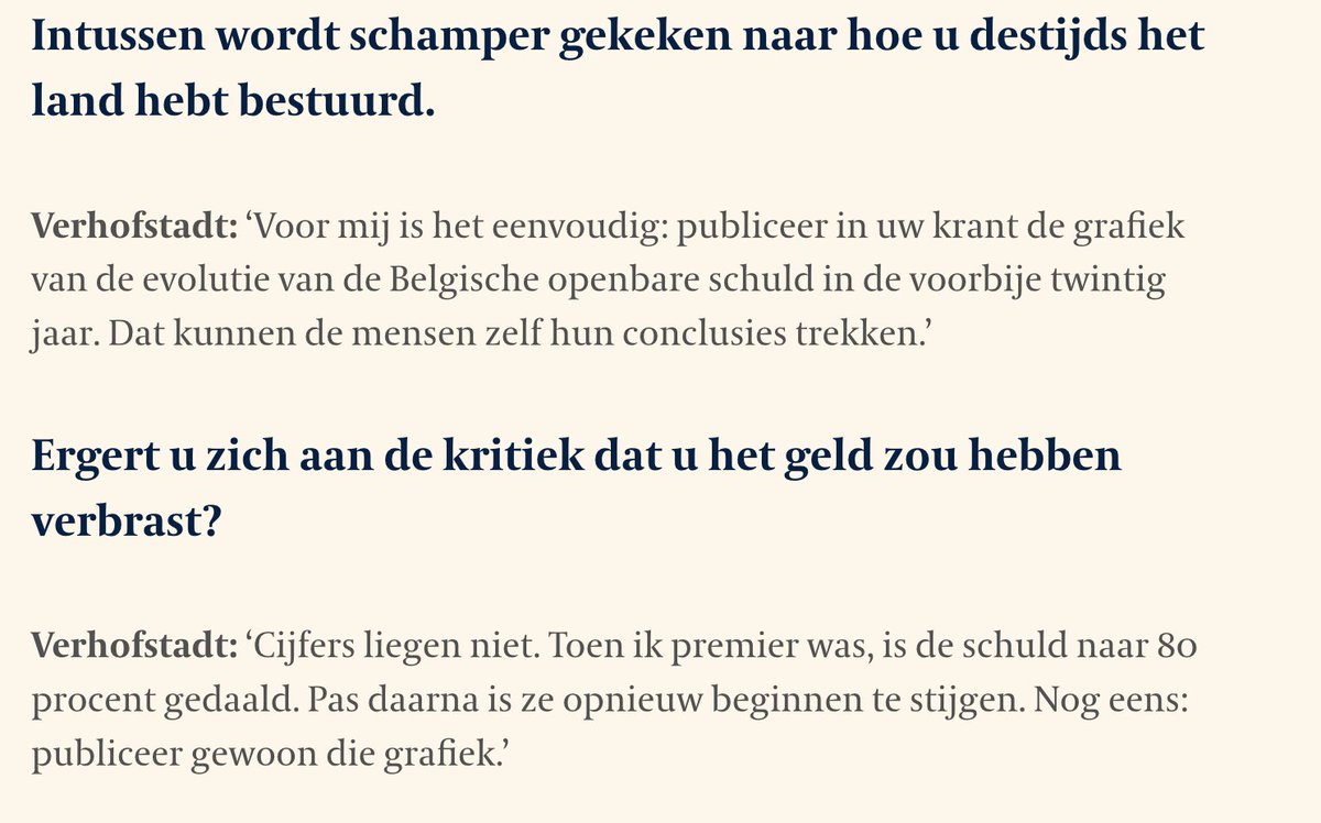 Interview met <a href="/guyverhofstadt/">Guy Verhofstadt</a> in <a href="/tijd/">De Tijd</a>. 
De schuld volgt het tekort pas na jaren. 
Het primaire overschot van 7% vh bbp opgebouwd door Dehaene werd onder Verhofstadt gehalveerd. Onbetaalde beloftes deden de rest. 
Publiceer die grafiek aub.