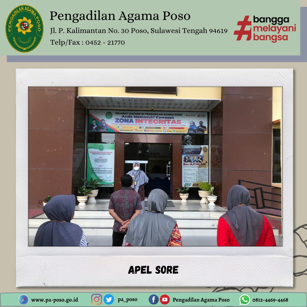 pa_poso's tweet photo. Jum'at (5/5)
Apel Sore dipimpin oleh Wakil Ketua Pengadilan Agama Poso Ummu Rahmah, S.H., M.H. yang diikuti oleh seluruh Pegawai Pengadilan Agama Poso.
#apelsore https://t.co/w9keCd3cUs