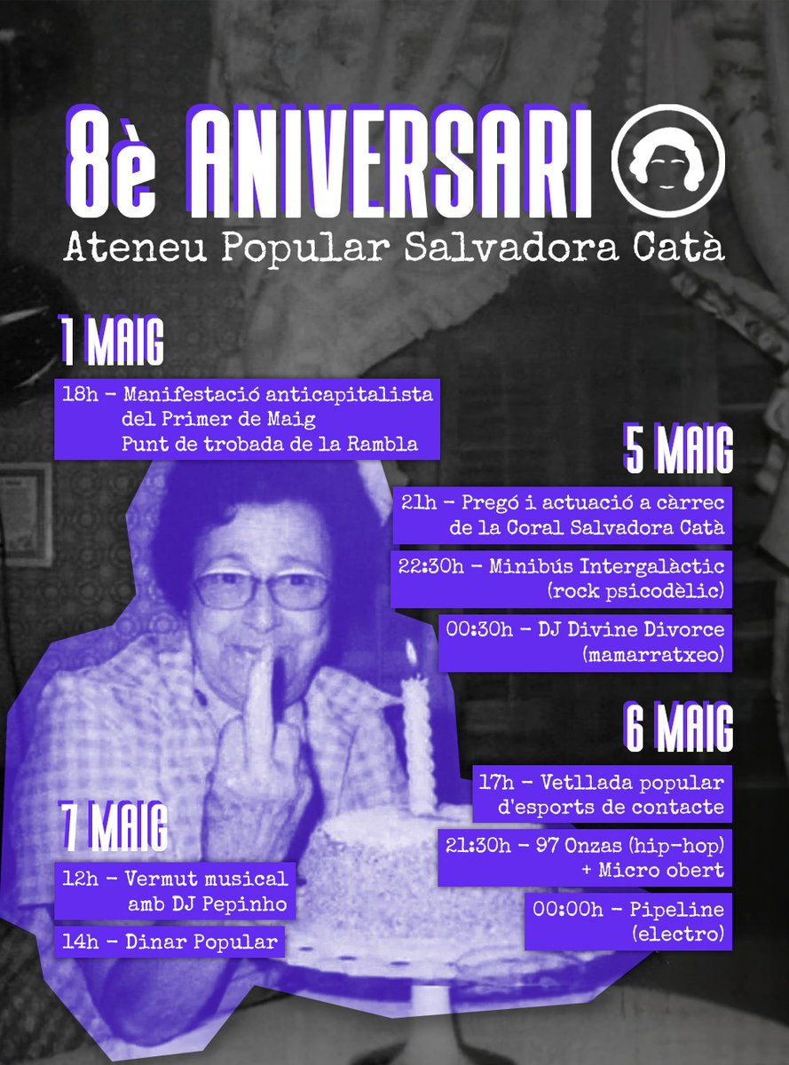 La setmana segueix intensa i avui 3 esdeveniments de primer ordre:

💧Matí i tarda. 10.30h Cimera social per la sequera. Ateneu Eugenienc
👥Matí. Fòrum Social de la Cura (simultani a diferents punts del país) @ateneucomacros 
🎉 Tarda. 8è aniversari <a href="/SalvadoraCata/">Ateneu Popular Salvadora Catà</a> 

No hi falteu!
