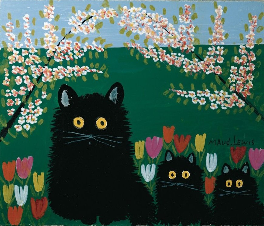 womensart1's tweet photo. Canadian folk art artist Maud Lewis, Three black cats, 1955 #WomensArt https://t.co/fxfE0XGLl7