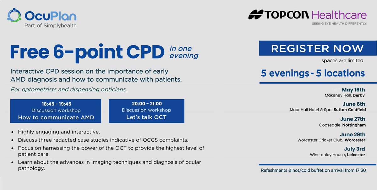 Topcon GB (@topcongb) on Twitter photo Don't miss 5 evenings & 6 CPD points from Topcon & Ocuplan, for Optoms & DOs - View dates & locations & register at eventbrite.com/cc/topcon-ocupâŚ
Any questions email Justine at justine@ocuplan.co.uk Don't miss 5 evenings & 6 CPD points from Topcon & Ocuplan, for Optoms & DOs - View dates & locations & register at eventbrite.com/cc/topcon-ocupâŚ
Any questions email Justine at justine@ocuplan.co.uk