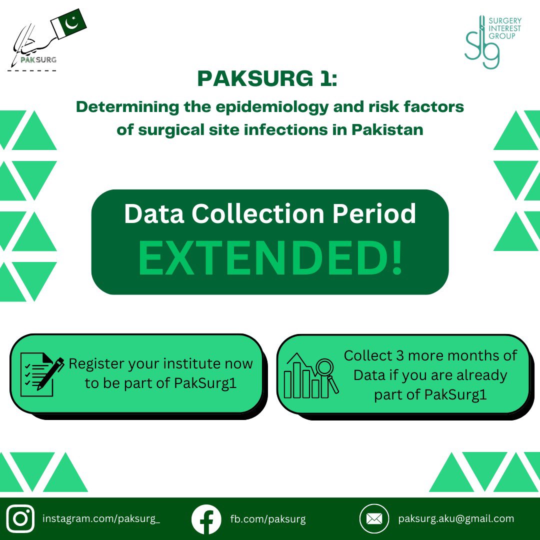 Missed out on signing up for PakSurg 1? Unable to gather enough responses in the data collection period for PakSurg 1?
Well, no need to worry as PakSurg 1 has extended it’s Data collection period by 3 months (Last patient to be recruited: 30th June, 2023).
