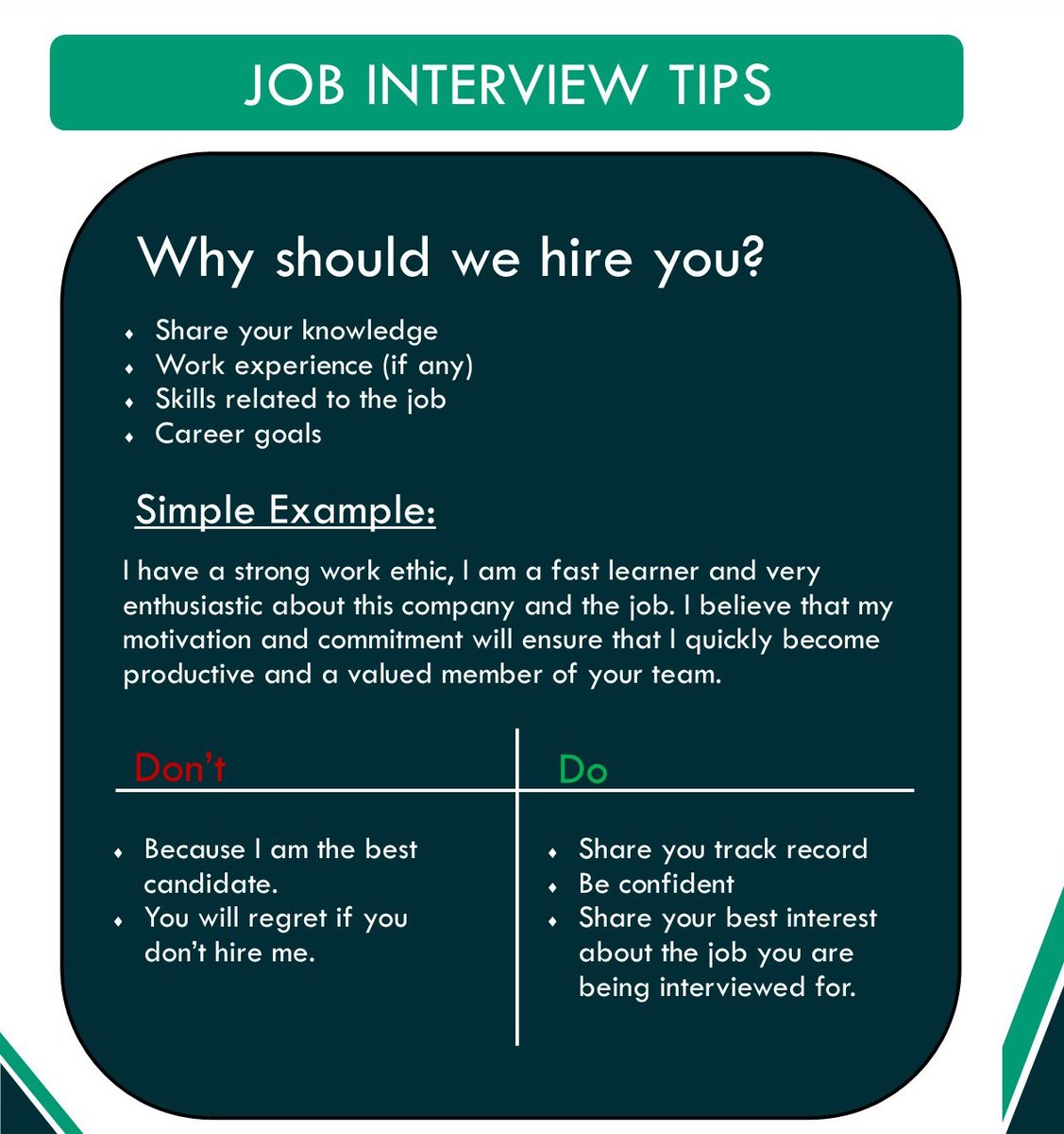 INTERVIEW TIPS:

These Interview tips could be helpful to somebody out there so please share them.

#tips #interview
