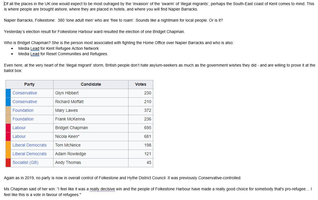 I have written to my MP to tell him that @BridgeeCee is a Litmus test. Even on the Kent coast, where one might expect gammony rage against asylum-seekers to be at its foamiest, British people don't hate them as much as the government wishes it did. Go Bridget! 💪🏼