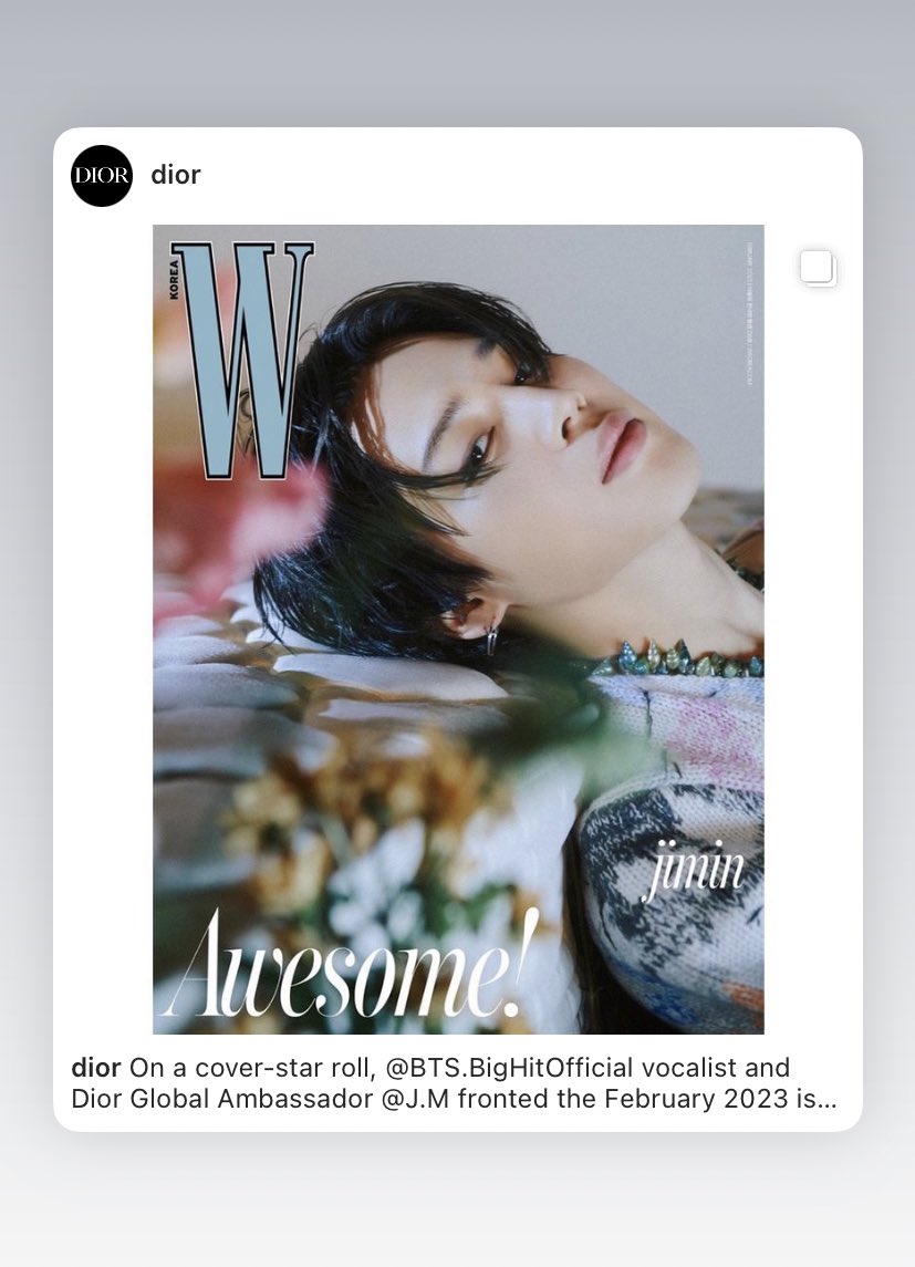 Dior posted Jimin’s W Korea magazine covers on Instagram 😍

“On a cover-star roll, BTS vocalist and Dior Global Ambassador @/J.M fronted the February 2023 issue of WKorea incarnating a range of moods in elegant #DiorSummer23 looks by @/MrKimJones” 

Please like, comment and…