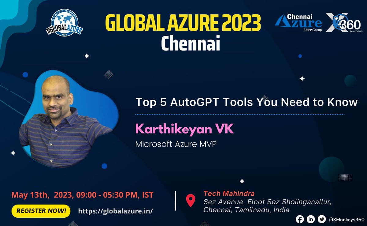 XMonkeys360's tweet photo. Join @karthik3030 to learn about "Top 5 AutoGPT Tools You Need to Know" at ๐๐ฅ๐จ๐๐๐ฅ ๐๐ณ๐ฎ๐ซ๐ ๐๐๐๐ on ๐๐๐ฒ ๐๐, ๐๐๐๐ at Chennai.
Register Now: https://t.co/XJcsg9dfKr
#GlobalAzure #Azure #ChennaiAzureUserGroup #XMonkeys360 #CloudNative #opensource #ChatGPT https://t.co/UOkm6C5YUD