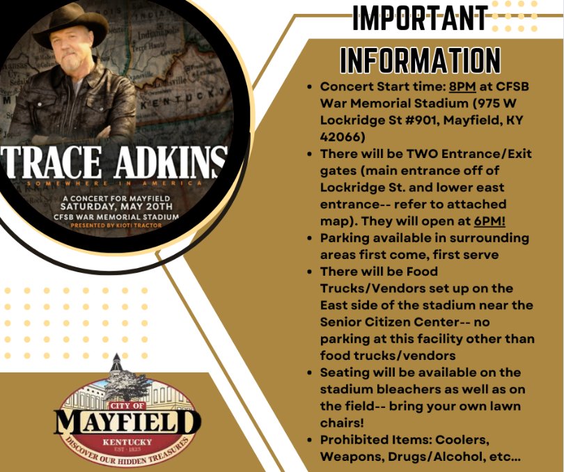 TraceAdkin63381's tweet photo. Your questions about the @TraceAdkins
concert in #MayfieldKY answered. #countrymusic #countryconcerts https://t.co/hbgQD6mZOJ