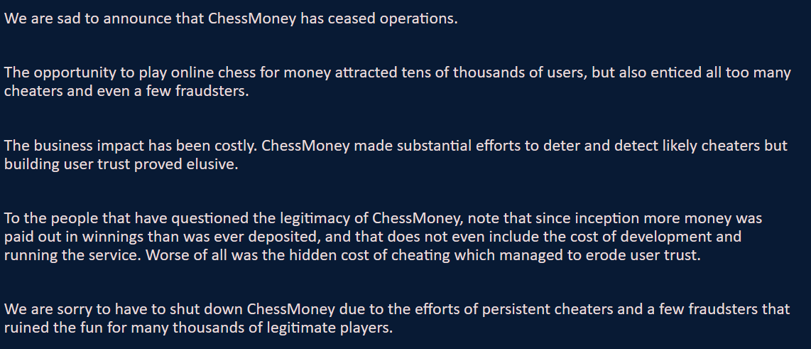 schachgefluster's tweet photo. Schach spielen um Geld wie beim Poker war die Idee von ChessMoney. Es war absehbar, dass das viele Cheater anzieht. ChessMoney hat jetzt vor den Betrügern kapituliert. https://t.co/68fLMDWAzb