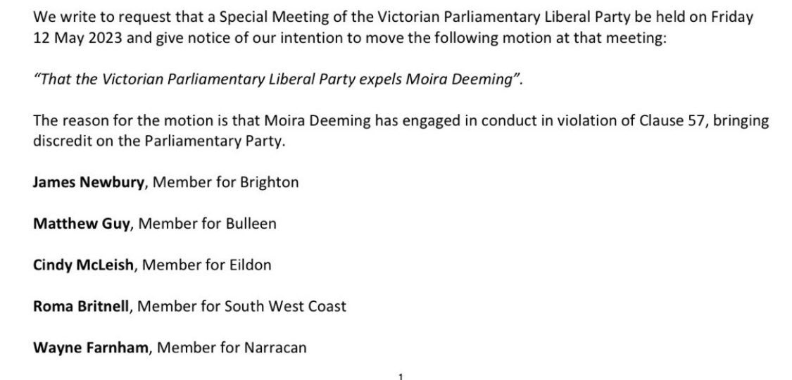 sumeyyailanbey's tweet photo. James Newbury, Matthew Guy, Cindy McLeish, Roma Britnell and Wayne Farnham co-signed the notice of motion to expel Moira Deeming. Even Deeming’s supporters expect this expulsion push to succeed. https://t.co/cTe6sYyiMn