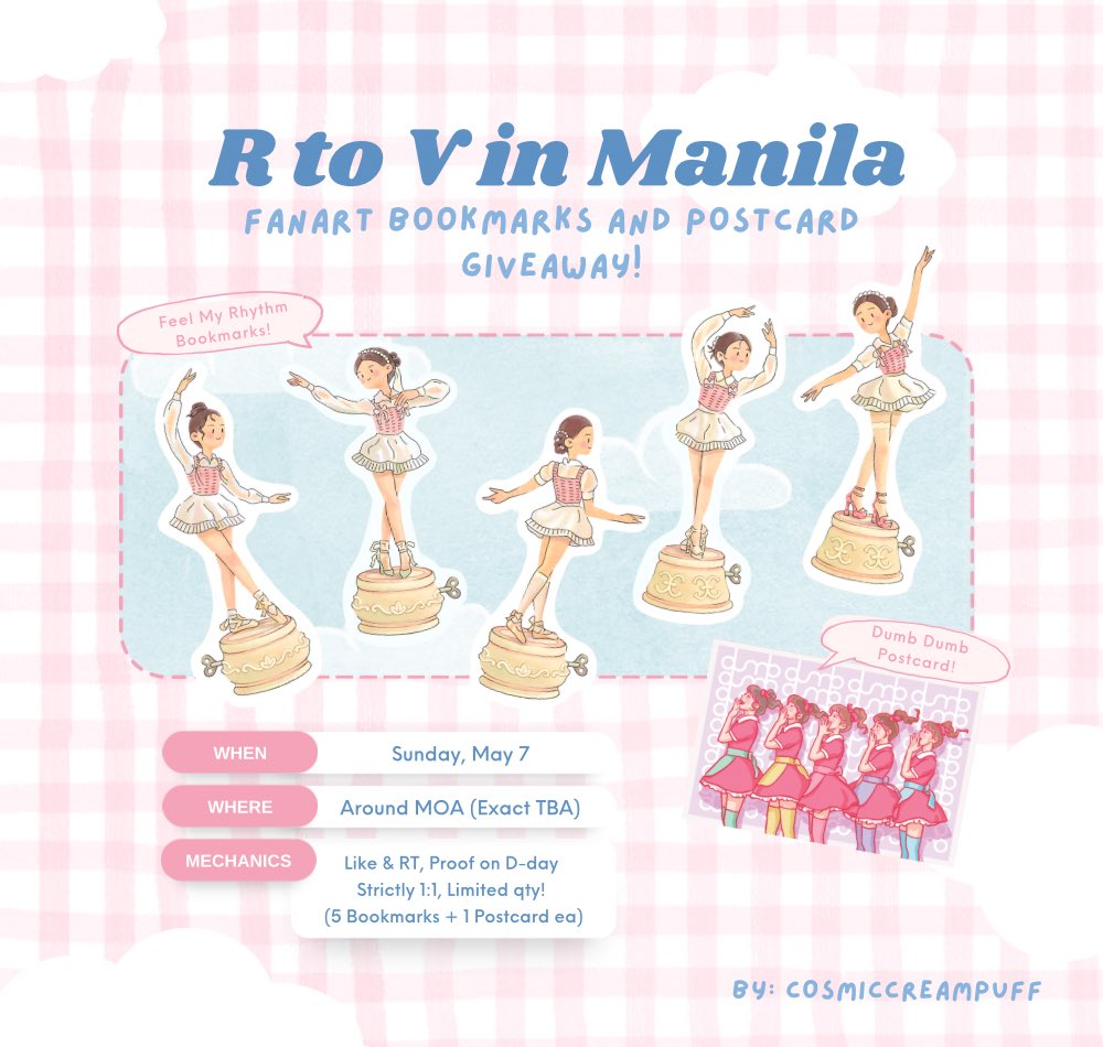 ˗ˏˋ r to v in manila freebies! ˎˊ˗

red velvet fanart bookmarks &amp; postcard set
giveaway by <a href="/cosmiccreampuff/">cosmic c. 🌿</a> 🩰

— like &amp; rt only! 
— time &amp; exact loc: tba
— strictly 1:1 (5 bookmarks + 1 postcard ea)
— very limited quantities!

see youu !! <3

#REDVELVETinMNL2023 #RtoVinMANILA