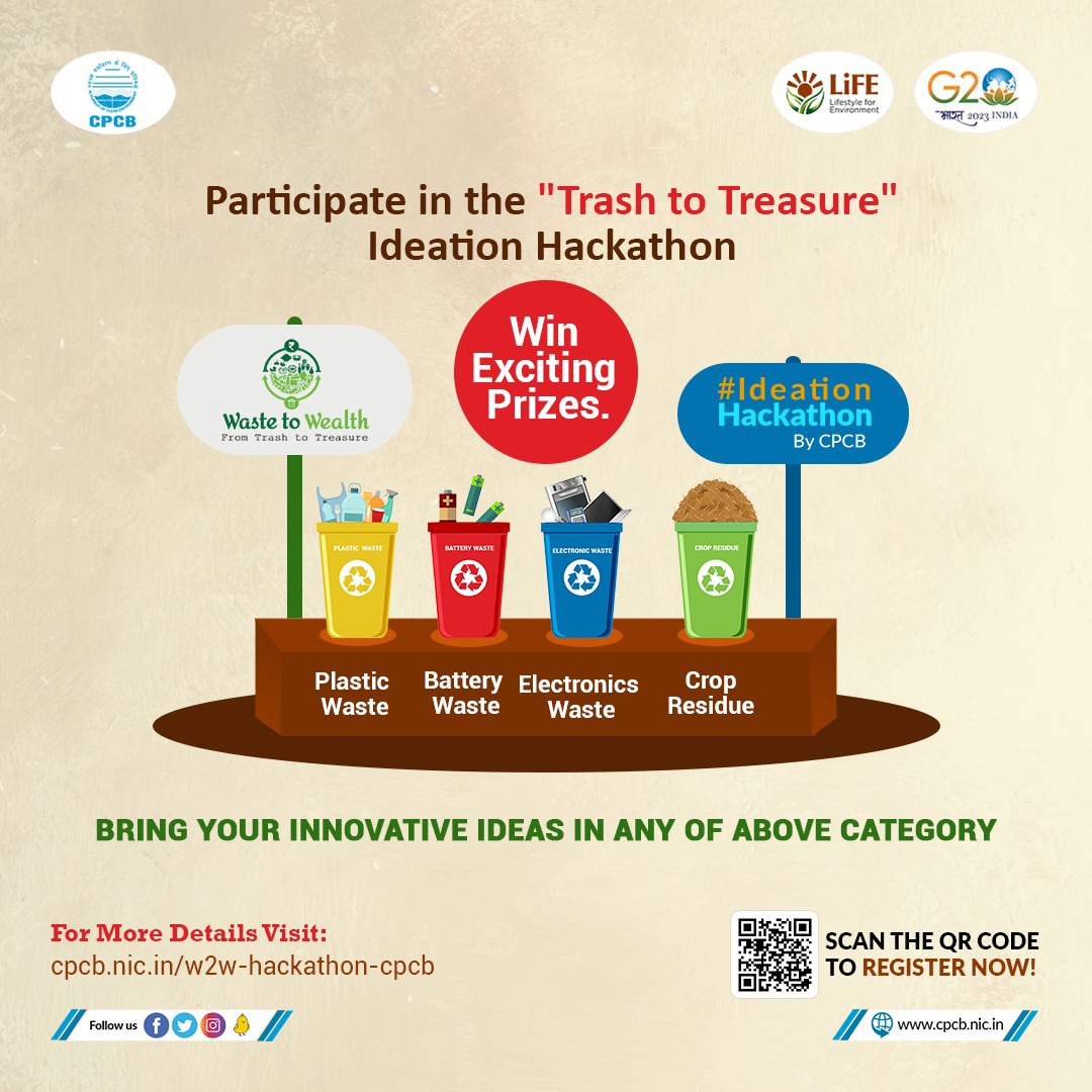 Participate in #IdeationHackathonByHackathon and submit your innovative ideas to convert "Waste to Wealth" and get a chance to win exciting cash prizes. 
Hurry up!! The last date for registration is 12 May 2023.

For more details, visit: cpcb.nic.in/w2w-hackathon-…
#ChangeToChange