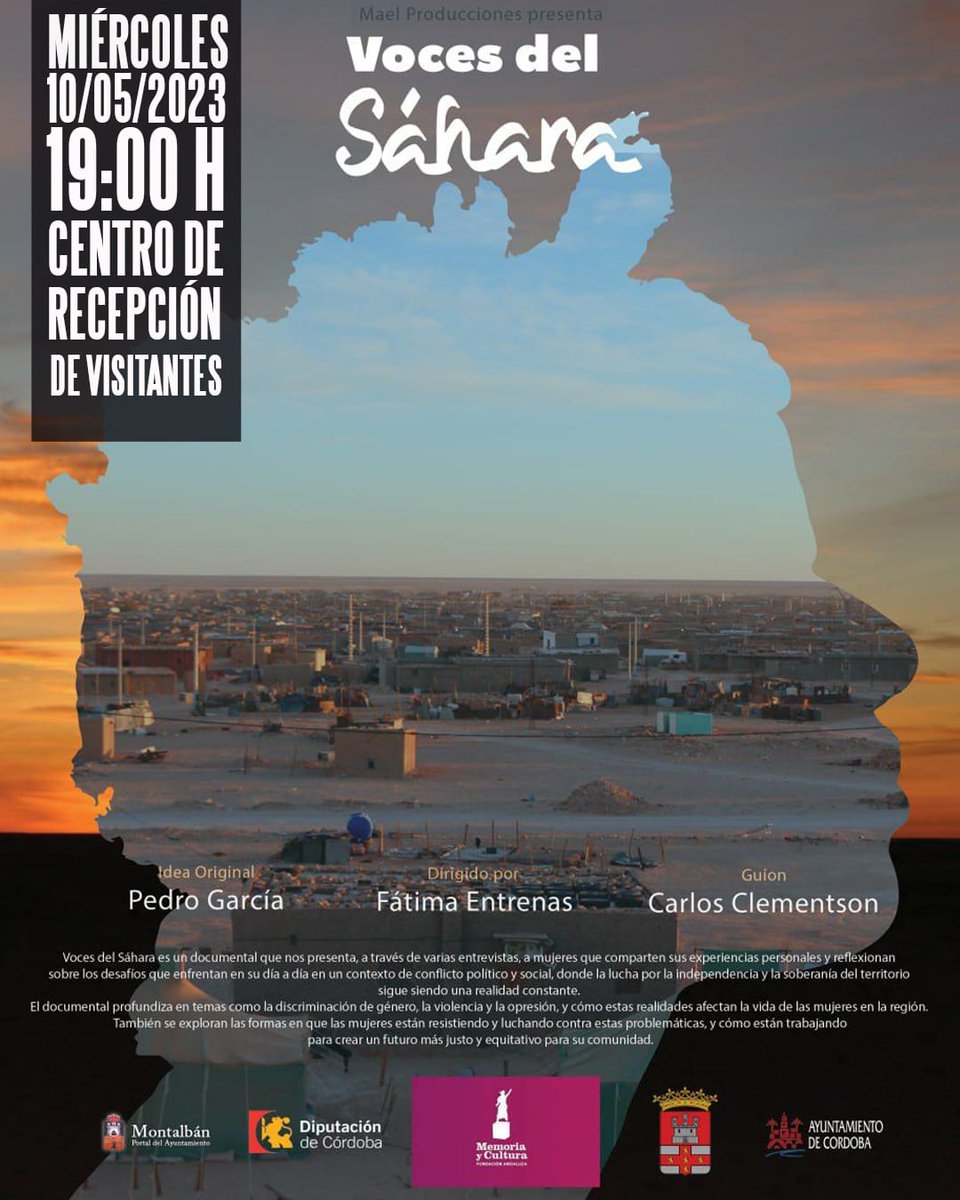 "VOCES DEL SAHARA" un documental que no.te puedes perder realizado desde la perspectiva de sus mujeres. En el CRV PROXIMO MIERCOLES 10 de Mayo a las 19.00 horas💯