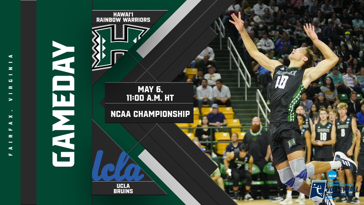 NCAA Championship
🏐: Hawai'i vs. UCLA
🕖: 11:00 am HT 
📍: Fairfax, Va.
📺: ESPN2
🔊: ESPN Honolulu - bit.ly/3creDvp
📊: bit.ly/427dMEQ
💻: ESPN+ - bit.ly/449BrpC