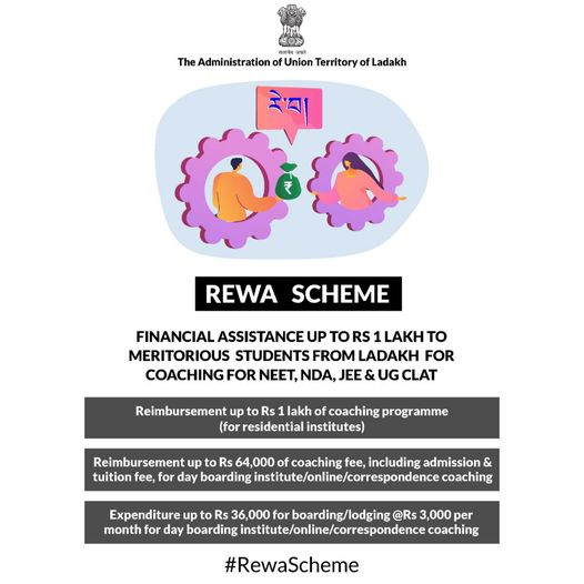 DIPR_Leh's tweet photo. #RewaScheme provides financial assistance to meritorious students to take up coaching for competitive exams. Students can apply on the portal after the results of board exams &amp; preliminary exams.

https://t.co/q2vFovyc4P
 
@LAHDC_LEH @LAHDC_Kgl @LadakhSecretary @ddnewsladakh https://t.co/pawkilfvZq