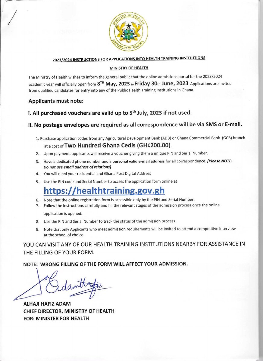 PUBLIC NOTICE ‼️

2023/2024 Instructions for Application into Health Training Institutions