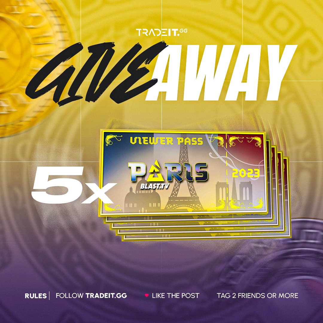 We're excited to announce that we're giving away 5 Paris Major Viewer Passes to 5 lucky winners! 📷
--
To enter:
✅ Follow <a href="/tradeit_gg/">Tradeit</a>
✅Tag 2 friends (or more) who you'd like to watch the Major with
✅Like and retweet this post
--
The prize will be given in Tradeit balance 💰
--