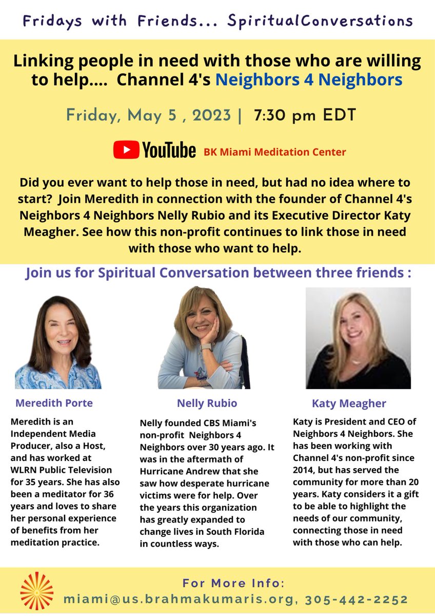 MiamiBK's tweet photo. Did you ever want to help those in need, but had no idea where to start?  

Join Meredith in connection with the founder of Channel 4's Neighbors 4 Neighbors Nelly Rubio &amp; its Executive Director Katy Meagher.

🔗https://t.co/WFVSmSKvPx

#miami #channel4 #spiritualConversation https://t.co/SCX6Zp4ADZ