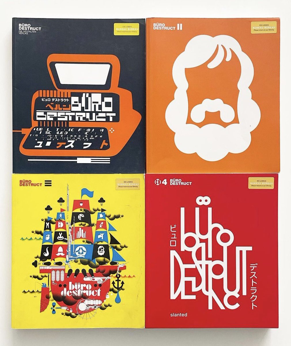 BuroDestruct's tweet photo. All good things are 4 😅
Posted by @bureaubureauuk Finally reunited! Some of our prized possessions in the office library. Thank you for the inspiration, @burodestruct!
#burodestruct #graphicdesignbook #inspiration #gestaltenbooks #slantedpublishers https://t.co/zfGMSJXeHl
