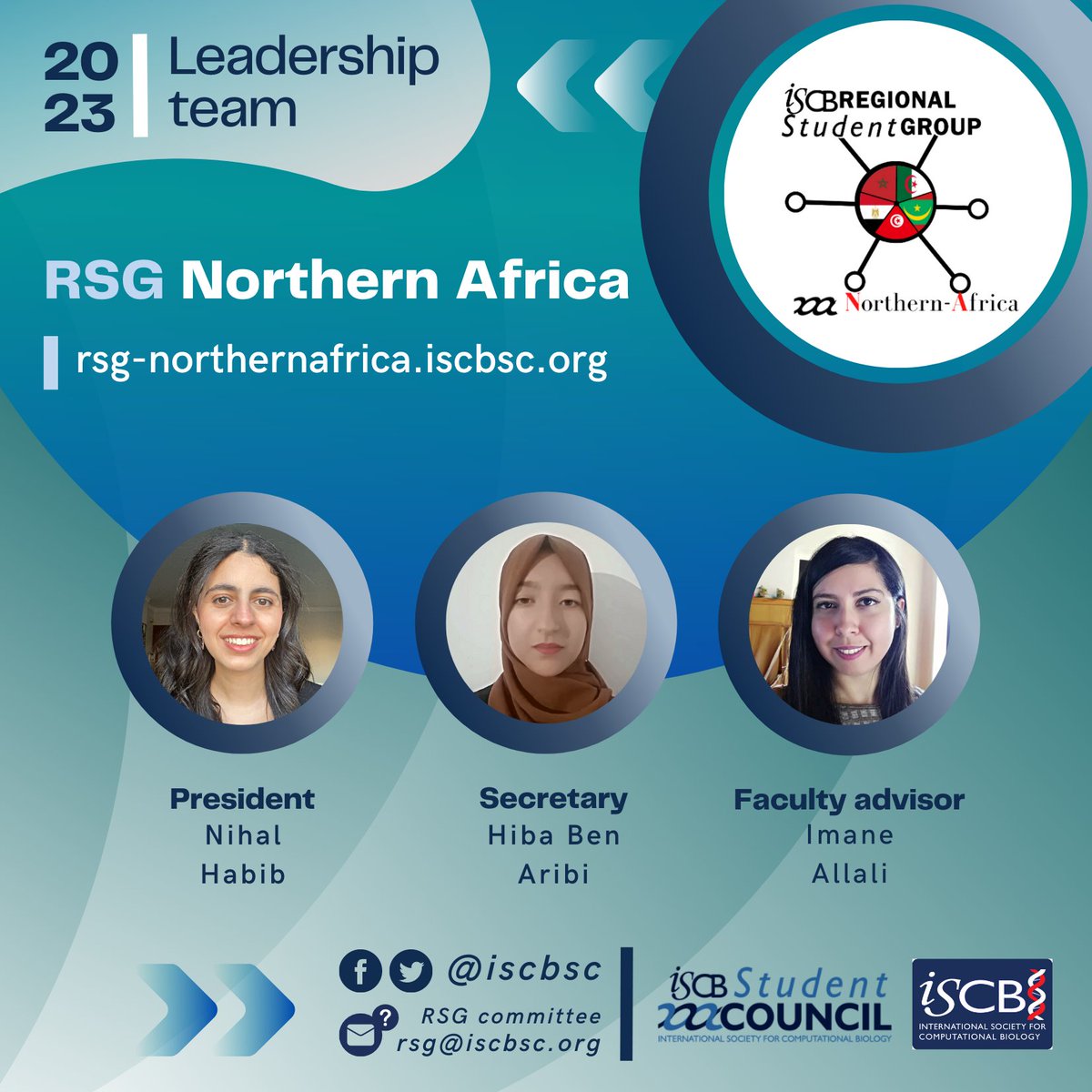 iscbsc's tweet photo. @ISCB_RSGPeru @CleidyOsorio @IscbLascs @RSG_Uruguay #14
RSG-NorthernAfrica (@RSG_NorthernAfr) efforts for 2023 will be led by Nihal Habib (President @NihalHabib00), Hiba Ben Aribi (Secretary @Hiba_BenAribi), and their team, advised by Imane Allali.
#Bioinformatics #ComputationalBiology #WomenInBioinformatics #WomenInCompBio https://t.co/HAqcZNvza1