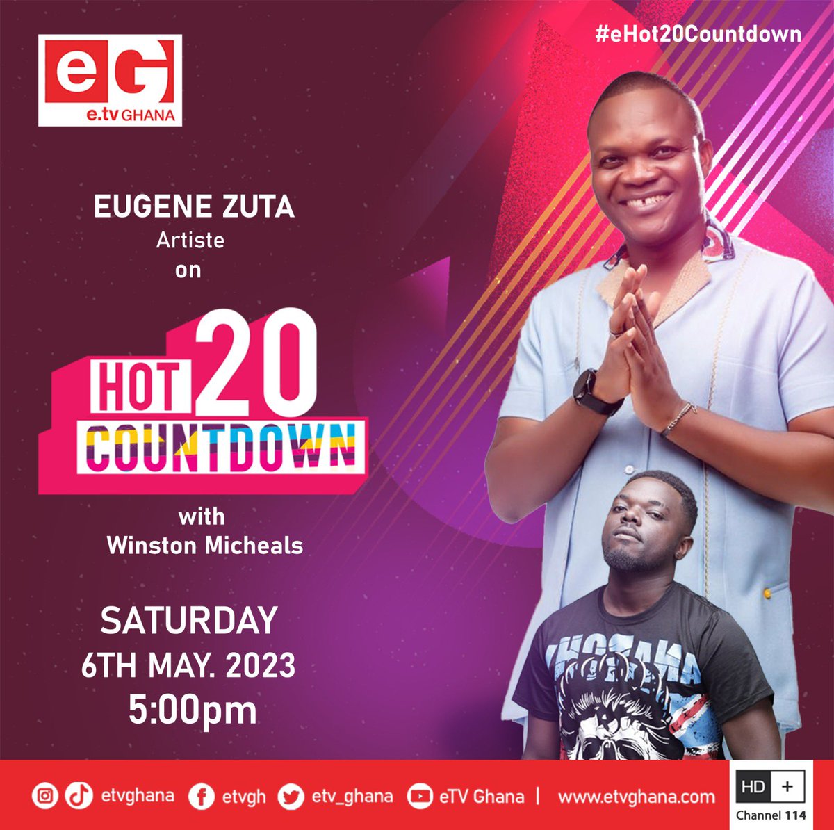 YSportsGh's tweet photo. Itβs a Saturday once again ππ―
And weβre hanging out with @EugeneZuta this evening on your favourite music countdown show with @winstonmicheals.
Do tune in tonight at 5pm for a great moment.
#ehot20countdown
#etvGhana https://t.co/qNpTtAeIxk