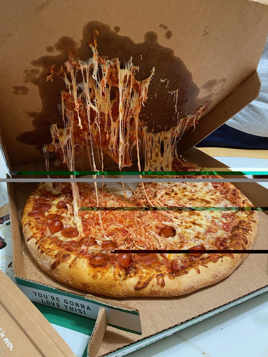 Grumpy_Guys's tweet photo. "I ordered at Marcos Pizza and when it got to my house and I opened the box, my pizza was stuck on top of the box!!! Very disappointed!!!

They didnt put the little thing you put in the box so this won’t happen.."

https://t.co/fSS9vRihja https://t.co/A4GoyCO0YQ