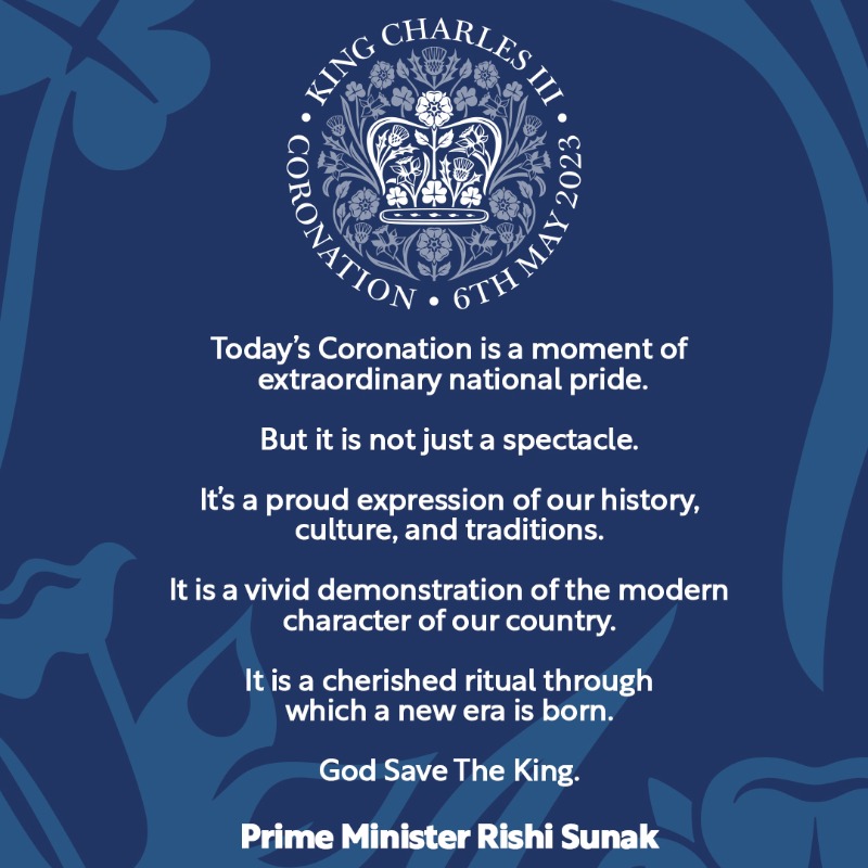 10DowningStreet's tweet photo. A written message from the Prime Minister, ahead of the #Coronation of Their Majesties King Charles III and Queen Camilla.