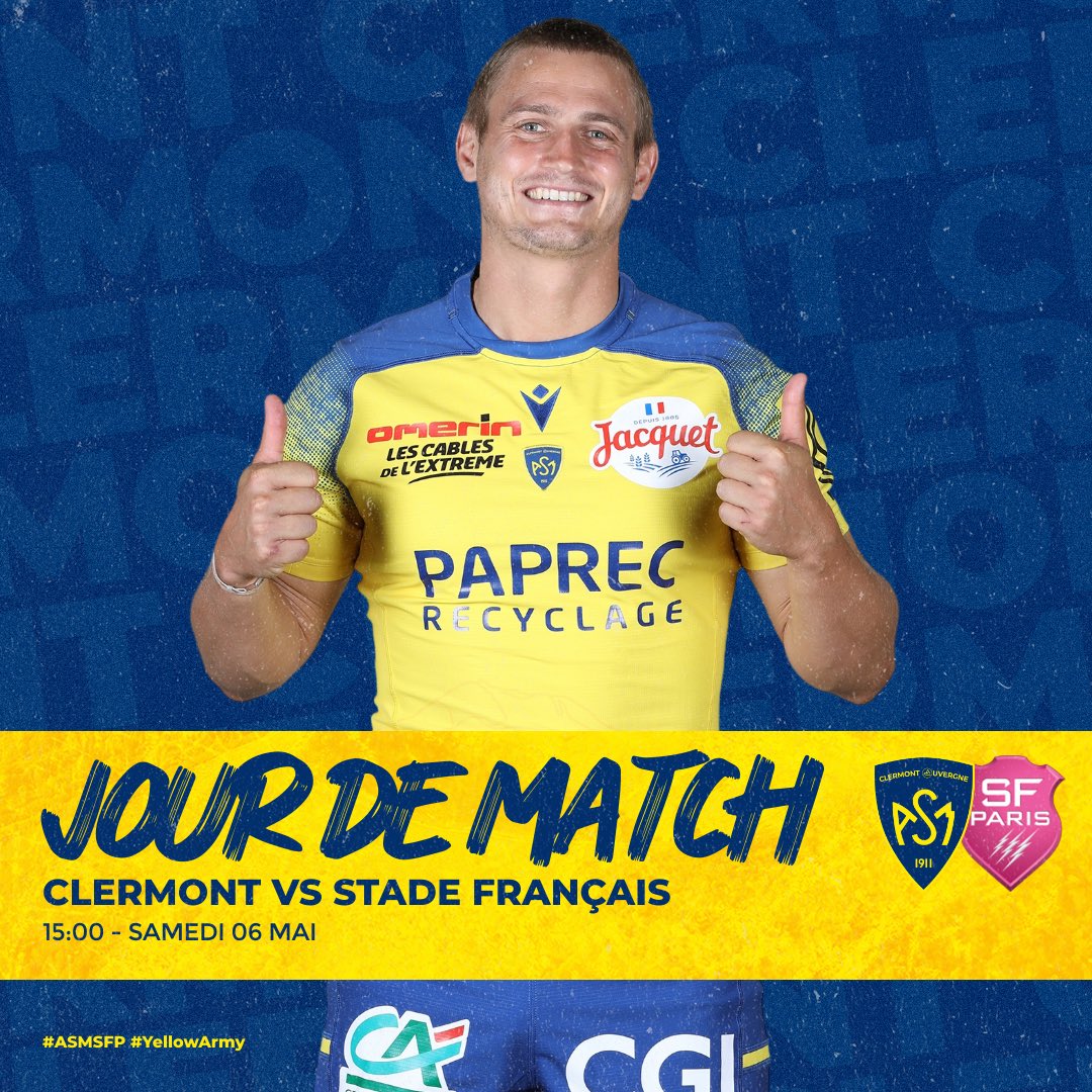 ASMOfficiel's tweet photo. 🟡🔵 𝗝𝗢𝗨𝗥 𝗗𝗘 𝗠𝗔𝗧𝗖𝗛 👊🏻
🆚 @SFParisRugby
🏉 @top14rugby
📍Stade Marcel-Michelin
⏱15h (coup d'envoi)
🎫 https://t.co/Jlhp23KQqe
📺 @canalplus
☀️20-22°C
👉🏻 #ASRSFP | #YellowArmy https://t.co/1WjRtpY5Pe