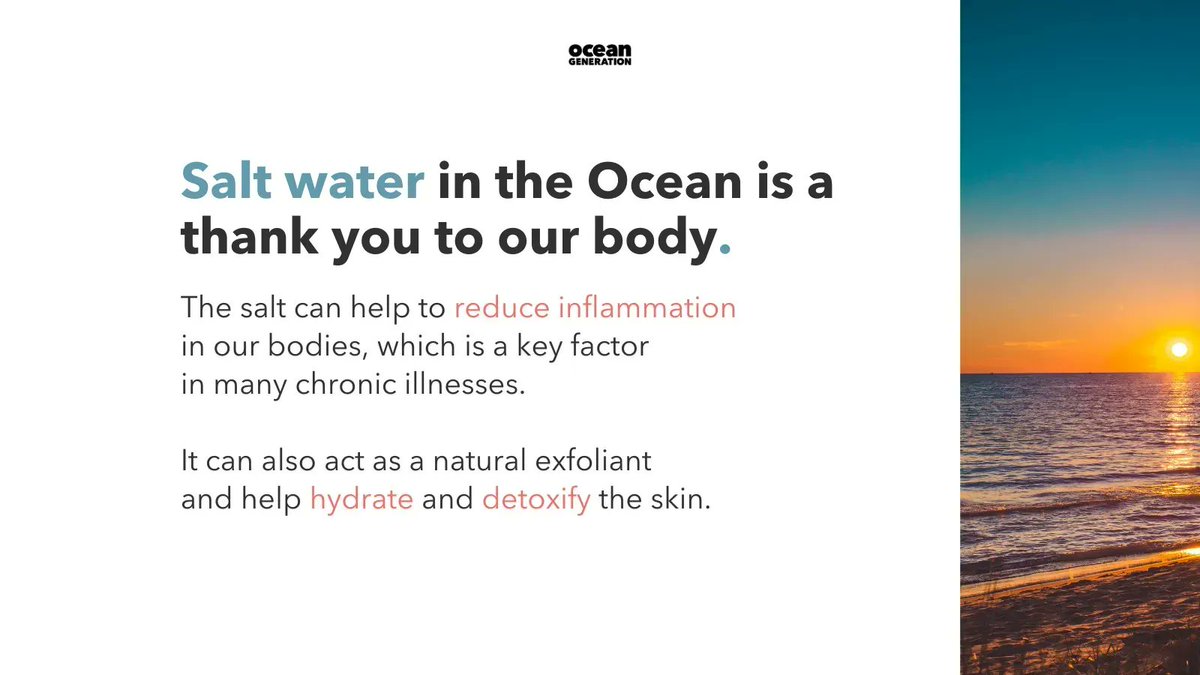 Take a dip in the Ocean and feel the benefits! 🌊💙 Saltwater is not just refreshing, it's also great for your body. It can help exfoliate your skin and even aid in muscle recovery. Dive in and soak up the goodness! Read: buff.ly/3oQeS97  #OceanGeneration 
#Beachlife