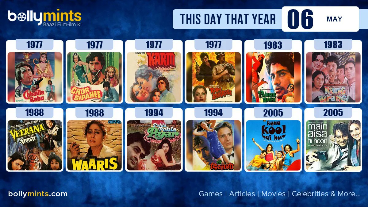 Here are the few #BollywoodMovies released on this day. Stay tuned at buff.ly/3GdlH90 for more #updates #ThisDayThatYear #6May #Karm 
#Waaris #YehDillagi #Kyakoolhaihum  #Rajeshkhanna #Rajbabbar #SmitaPatil #Rishikapoor #Akshaykumar #Saifalikhan #Kajol #Ajaydevgn