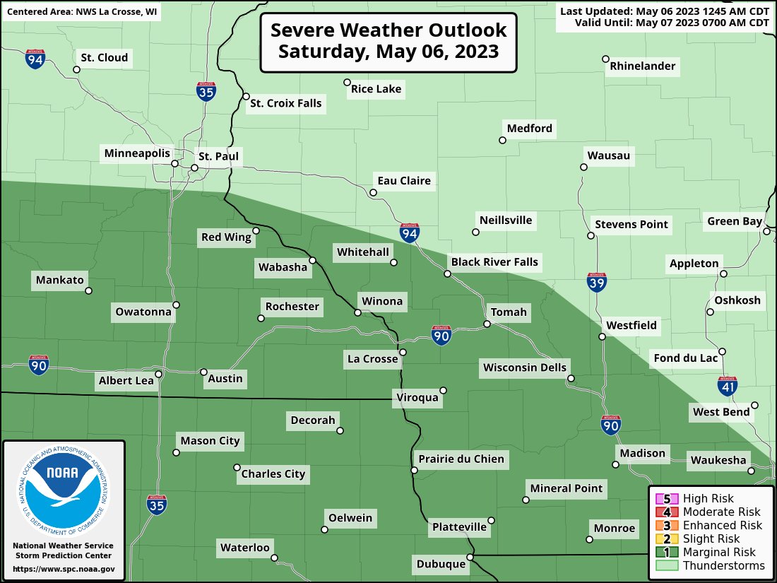 Good Morning SE Minnesota!

Odd weather today.

Cloudy with thunderstorms in the afternoon. Highs near 70. Some storms could be strong to severe with large hail and damaging winds.

#MNwx #WIwx #IAwx #RochMN #Rochester #Austin #Minneapolis #EauClaire #Mankato #MasonCity #LaCrosse https://t.co/e8K4iRzlNb