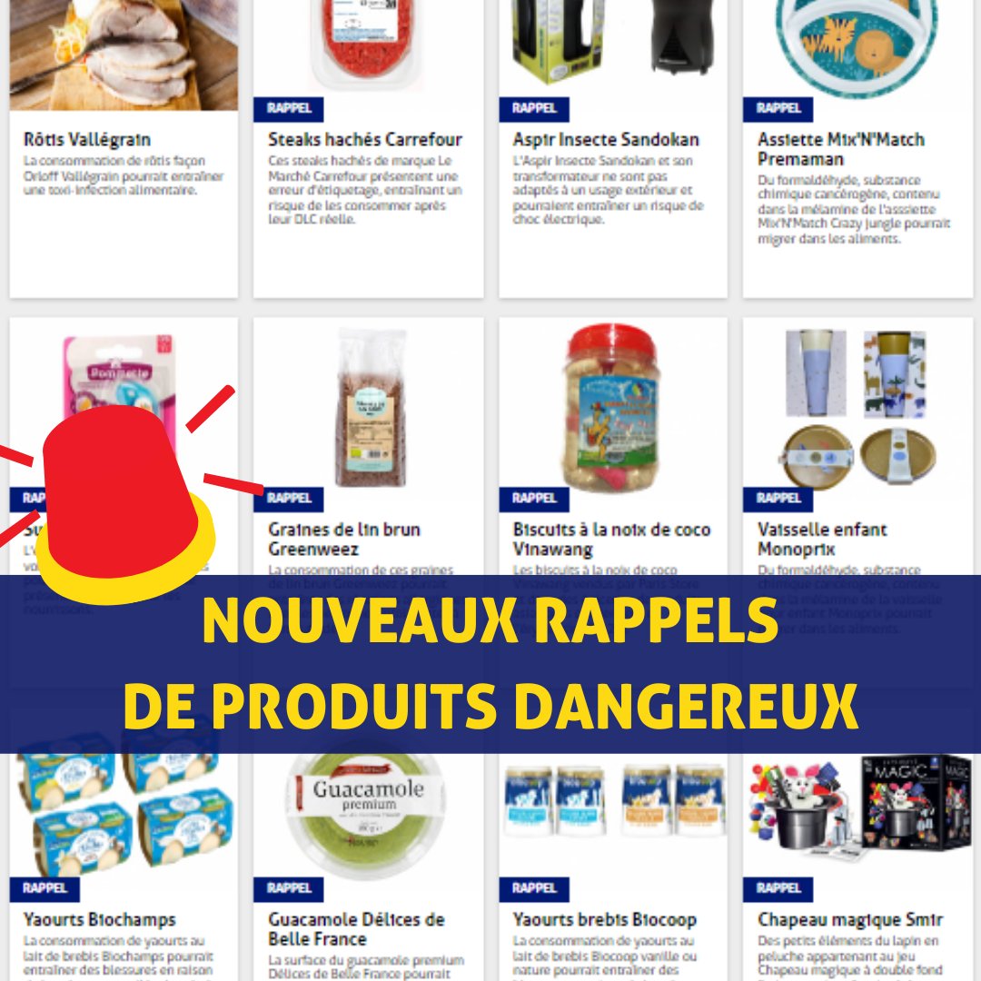 60millions's tweet photo. 🚨 [#RAPPELS DE PRODUITS] Steaks hachés #Carrefour, popcorn #Lidl, yaourts au lait de brebis #Biocoop #Biochamps, sucettes pour bébés #Intermarche, vaisselle pour enfants…Consultez la liste des derniers produits rappelés 👉 https://t.co/2xsb3FGQTS

#rappelproduit #rappelconso https://t.co/e3hcHt89OM