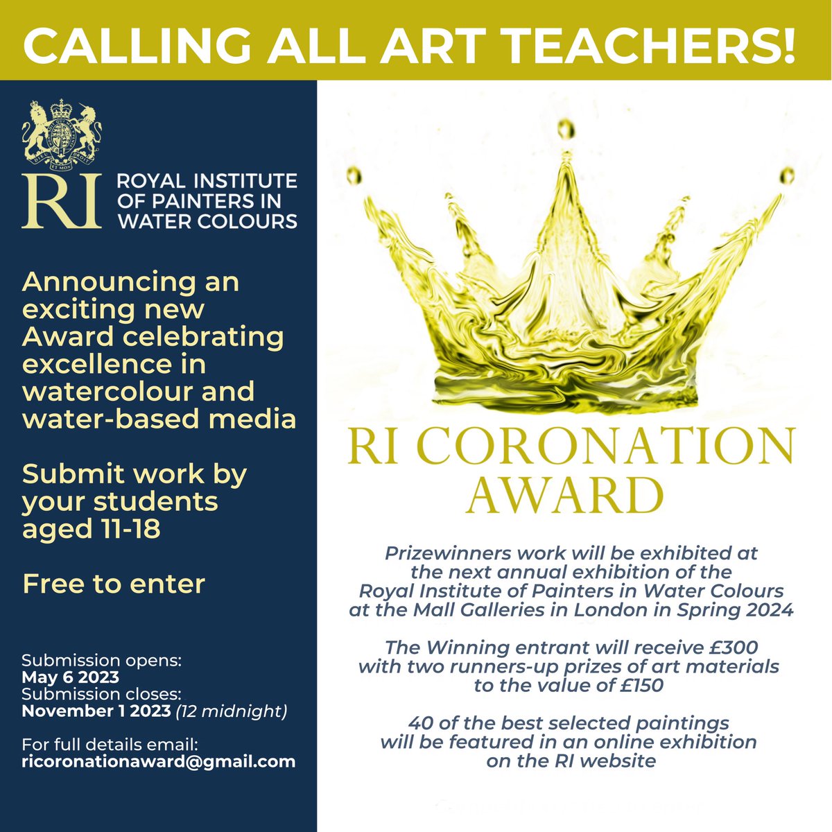 The RI is introducing the RI Coronation Award, a new annual schools’ art competition created in celebration of the Coronation of our Honorary Member His Majesty King Charles III.
ricoronationaward@gmail.com