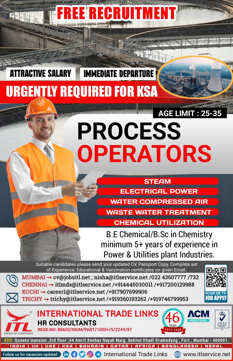 JOB VACANCY FOR #saudiarabia

Interested candidates, please send your updated CV on given emails

Learn more : itlservice.net

ITL H.O Location : bit.ly/3Nd5qXQ

#processoperators #steam #electricalpower #watertreatment #watercompressed #chemicalutilization