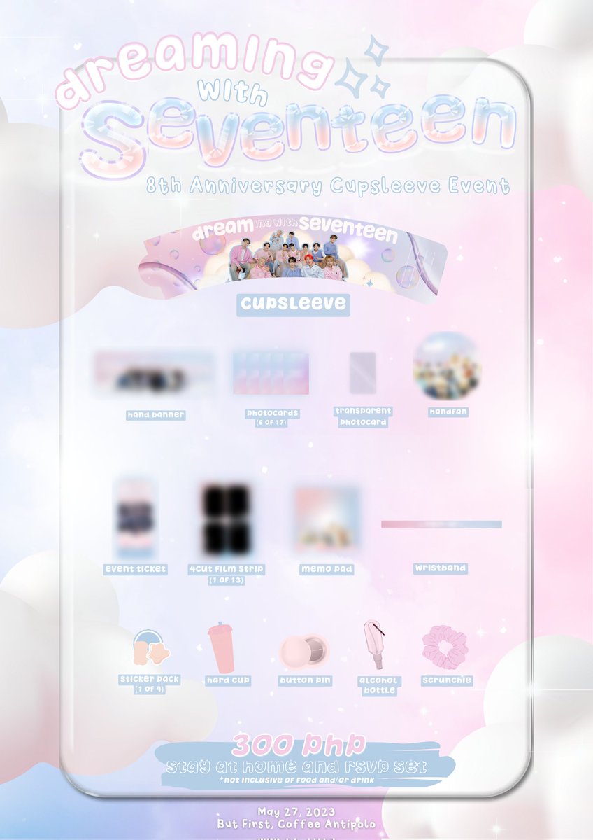 Dreaming with Seventeen: 8th Anniversary Cupsleeve Event 🎉🥳

🗓️ May 27, 2023 
⏰ 2:00 - 5:00 PM
📍But First, Coffee Antipolo  
RSVP: forms.gle/jBHzQ9pZ4RwG2Y…
Payment Form: forms.gle/zeRVb4ywafpoan…

See posters for details, see you soon 💎
📣 collaboration event with <a href="/svt_rizal/">SEVENTEEN 8TH ANNIVERSARY EVENT 📌</a>