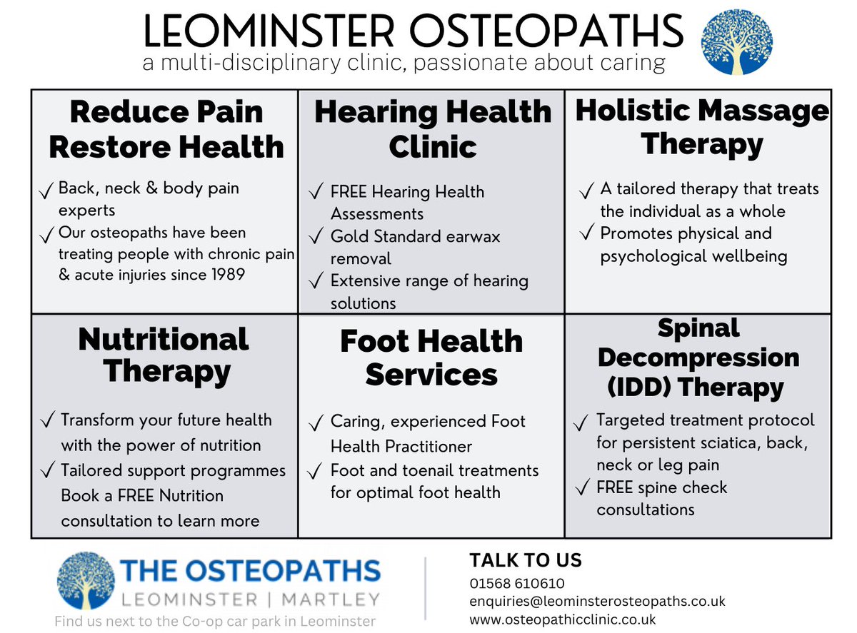 We're not just an Osteopaths.  Here at Leominster Osteopaths we offer a wide range of therapies and are passionate about caring for all of our clients.  We are here to help, give us a call on 01568 610610.