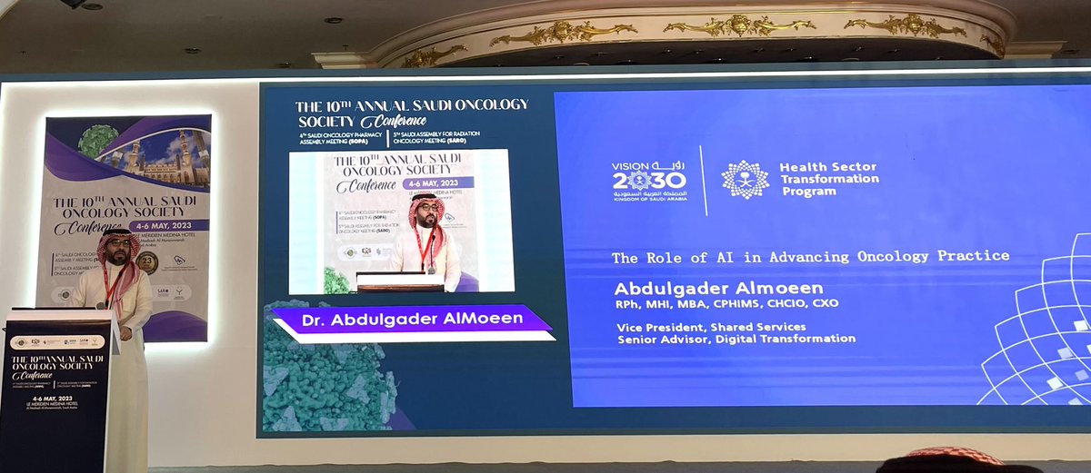 SOPS_SA's tweet photo. Moving forward with Dr. Abdulgader AlMoeen and “The Role of artificial intelligence in advancing oncology practice”

#4thSOPA 
#10thSOS https://t.co/Wg0EvAj53U