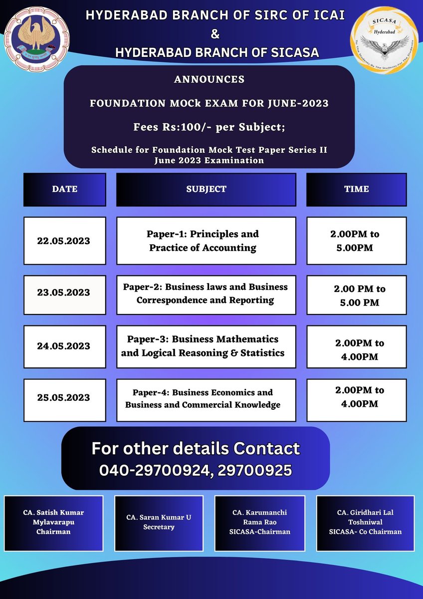 SICASAhyd's tweet photo. Dear Student,
ICAI Hyd. Br. is organizing Foundation Mock Test-II for June’23 exams commencing from 22/05/23. Each Sub:-Rs.100. For details visit https://t.co/OOmqHOQGQB
SICASA-Hyd https://t.co/bfT9ikciDt