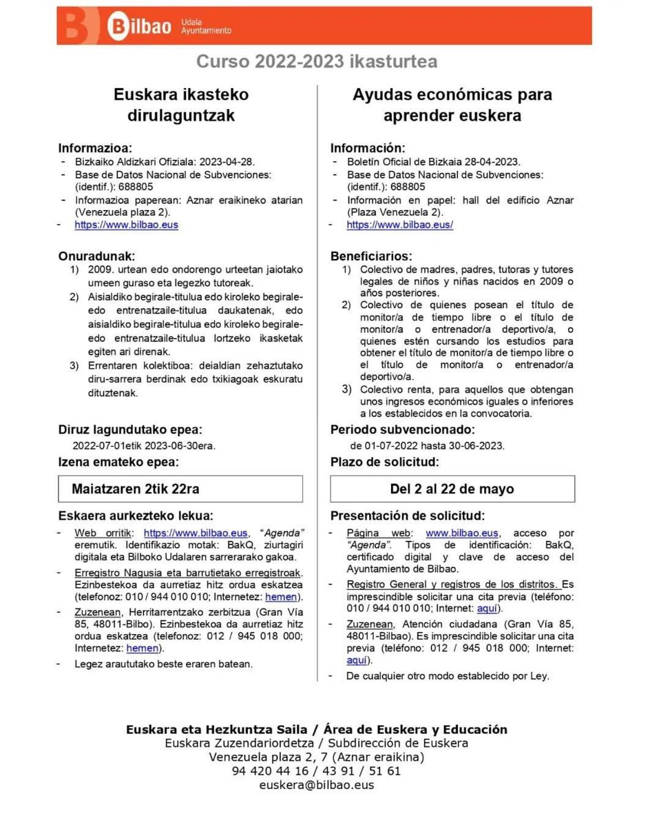 Bilboko Udalaren euskara ikasteko dirulaguntzak indarrean daude, adi egon eta eskatu!!!!